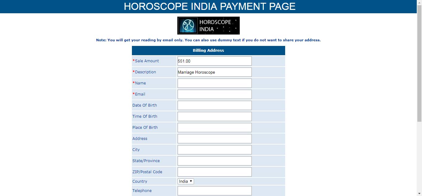 Payment page for horoscope consultation